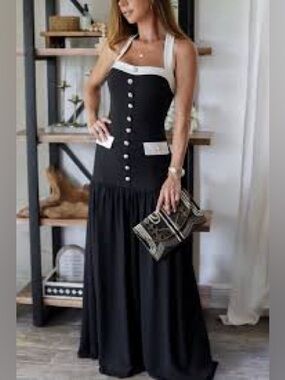 BLITHE Black and White Sleeveless Halter Maxi Dress with Button Front